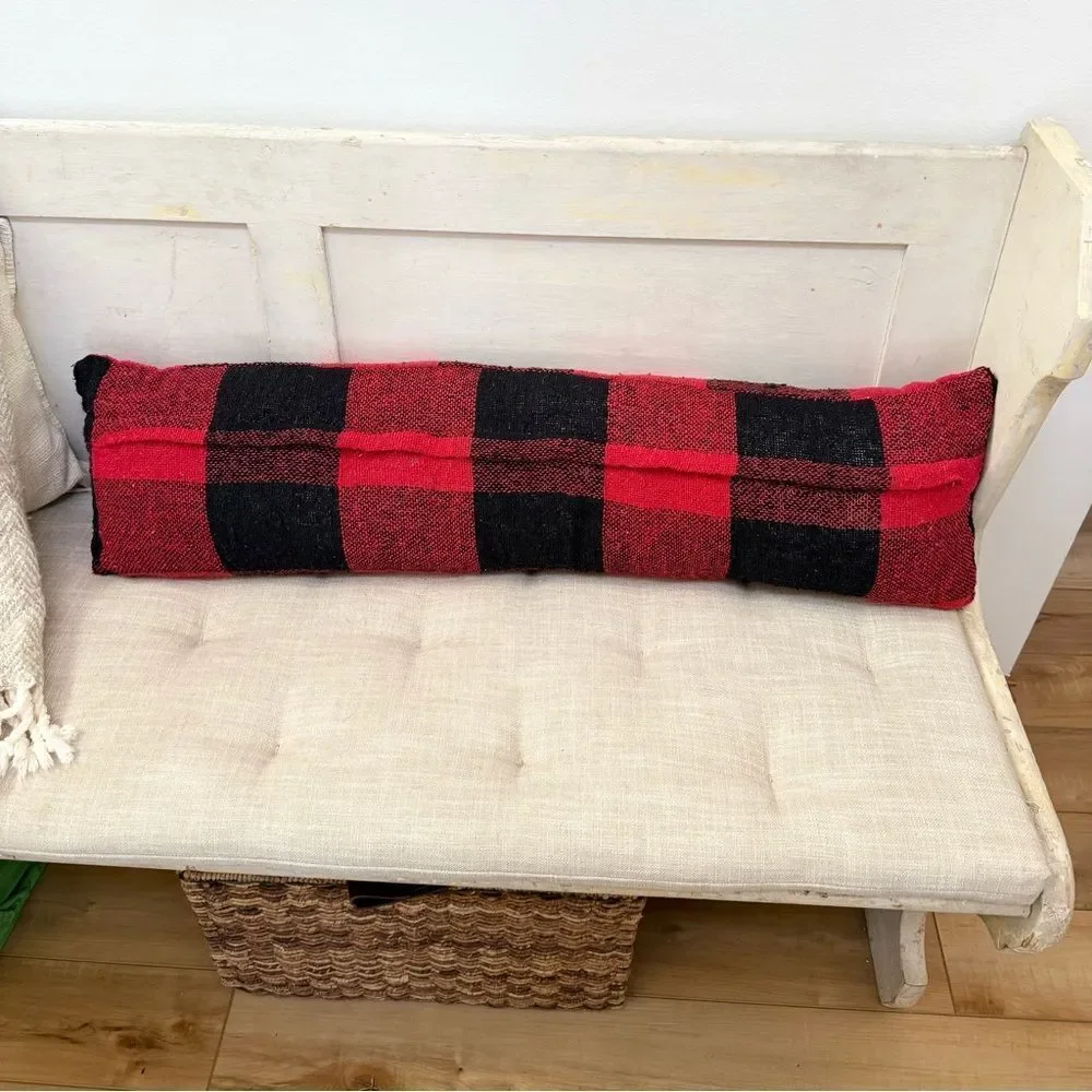 MudPie Get Cozy Red Black Buffalo Plaid Burlap Oatmeal Wool Long Accent Pillow